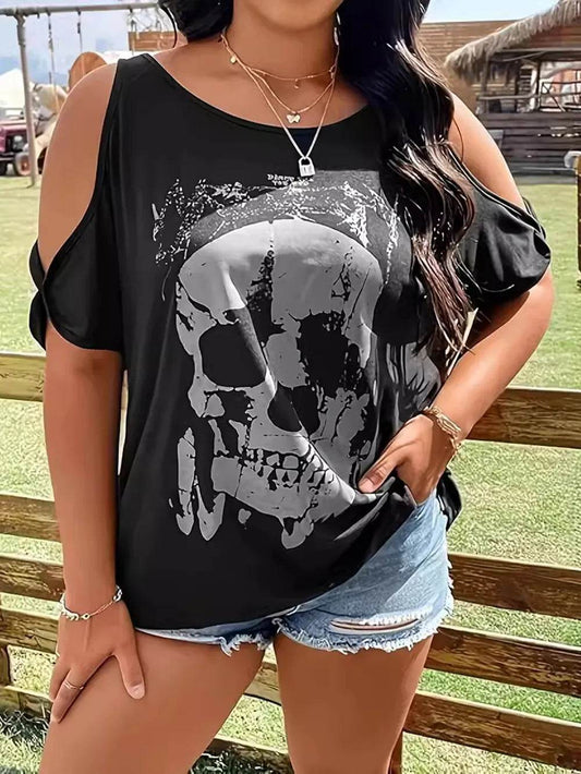 Plus Size Skeleton Graphic Round Neck Cold Shoulder T-Shirt - IntuitiveEncBoutique