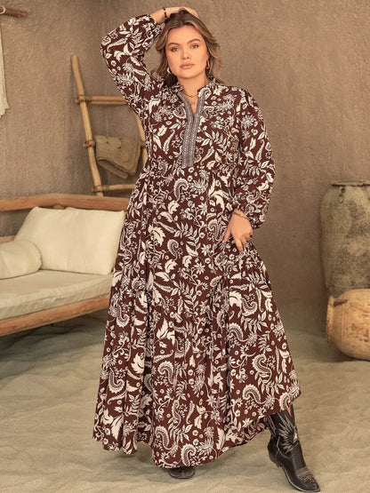 Plus Size Notched Balloon Sleeve Printed Maxi Dress - IntuitiveEncBoutique
