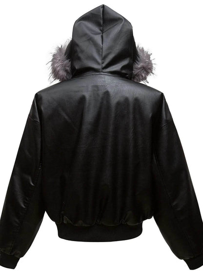 Men's Leather Bomber Jacket with Faux Fur Hood - IntuitiveEncBoutique