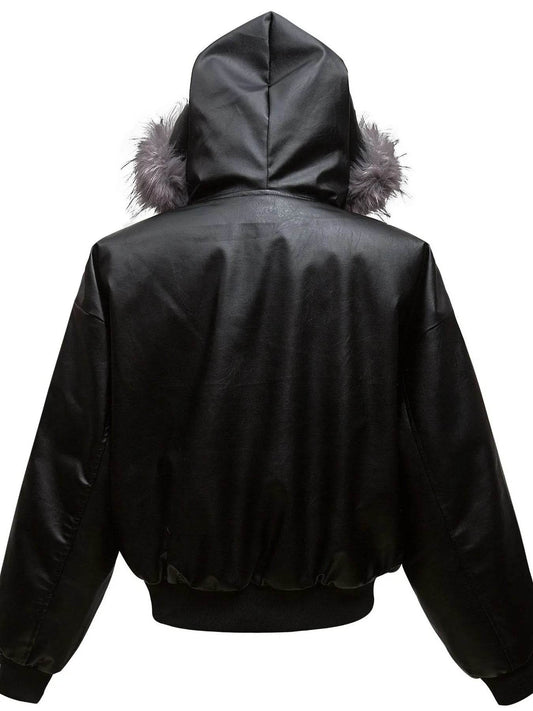 Men's Leather Bomber Jacket with Faux Fur Hood - IntuitiveEncBoutique
