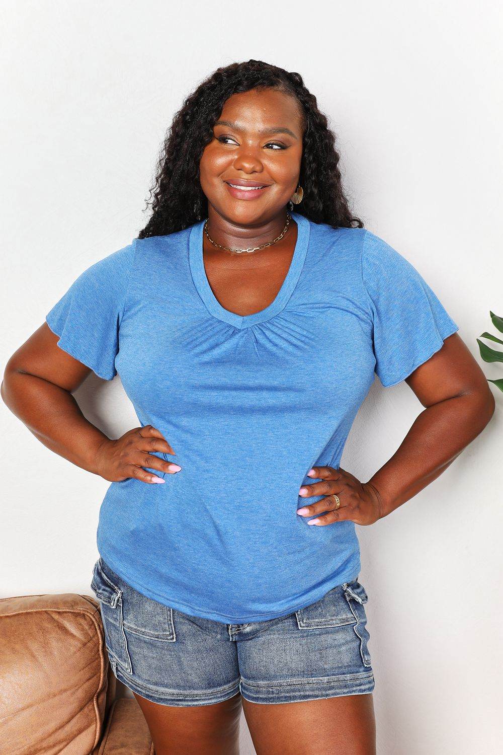 Double Take Ruched V-Neck Short Sleeve T-Shirt - IntuitiveEncBoutique
