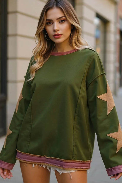 Double Take Star Patched Long Sleeve Sweatshirt - IntuitiveEncBoutique