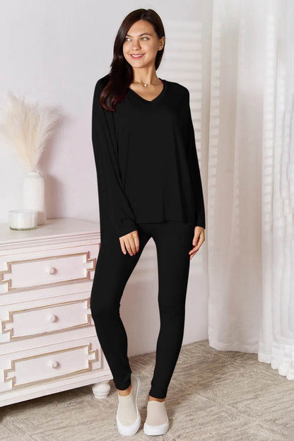 Basic Bae Bamboo Full Size V-Neck Long Sleeve Top and Pants Lounge Set - IntuitiveEncBoutique