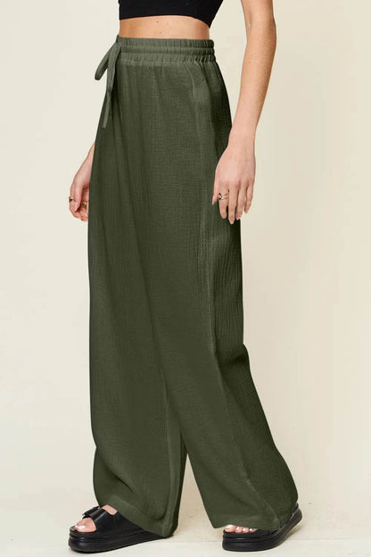 Double Take Full Size Texture Drawstring Wide Leg Pants - IntuitiveEncBoutique
