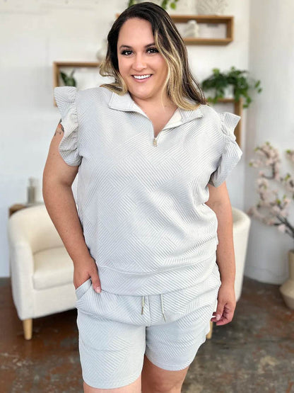 Double Take Full Size Texture Flounce Sleeve Top and Drawstring Shorts Set - IntuitiveEncBoutique