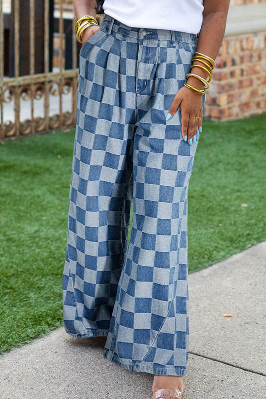 Dusk Blue Plus Size Checkered Seamed High Waist Wide Leg Jeans - IntuitiveEncBoutique