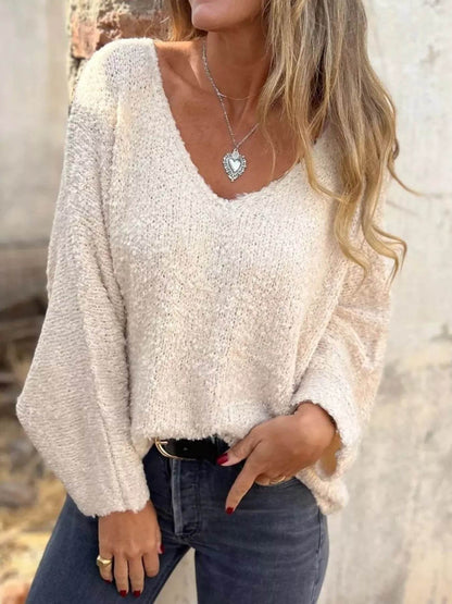 Full Size V-Neck Long Sleeve Sweater Plus Size - IntuitiveEncBoutique