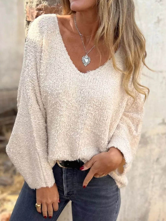 Full Size V-Neck Long Sleeve Sweater Plus Size - IntuitiveEncBoutique