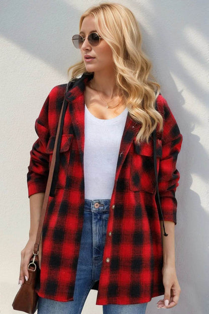 Double Take Drawstring Plaid Long Sleeve Hooded Shacket - IntuitiveEncBoutique