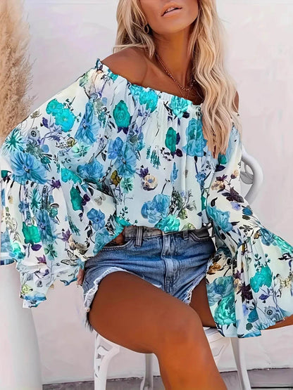 Full Size Floral Off-Shoulder Bell Sleeve Blouse Plus Size - IntuitiveEncBoutique