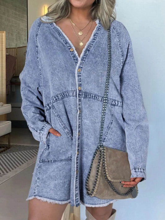 Full Size Button-Front Long Sleeve Denim Shirt Dress Plus Size - IntuitiveEncBoutique