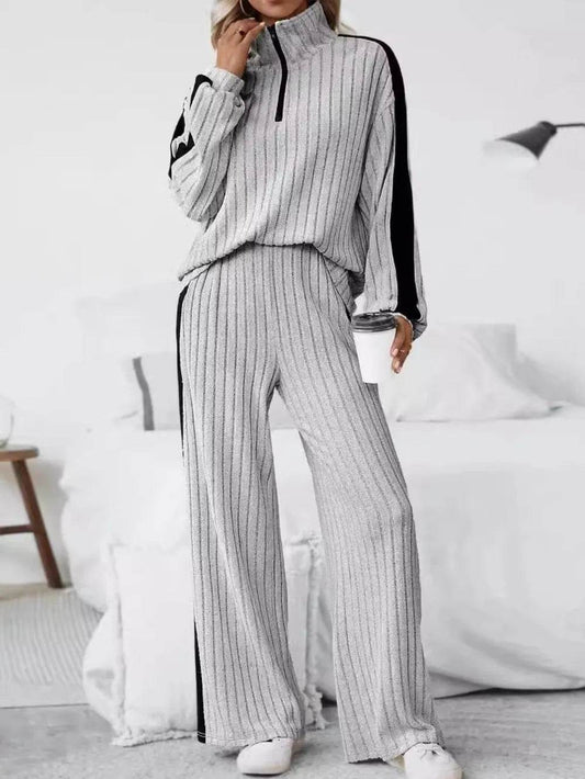 Plus Size Half Zip Long Sleeve Top and Pants Set - IntuitiveEncBoutique