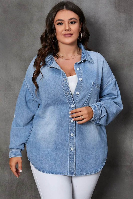 Plus Size Button Up Pocketed Denim Top - IntuitiveEncBoutique