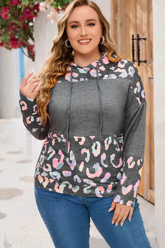 Plus Size Leopard Dropped Shoulder Long Sleeve Hoodie - IntuitiveEncBoutique