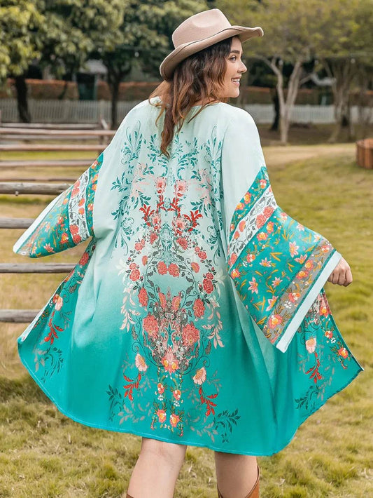 Plus Size Printed Open Front Long Sleeve Cover Up - IntuitiveEncBoutique