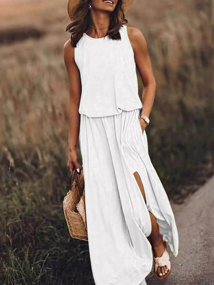Full Size Round Neck Sleeveless Slit Maxi Dress Plus Size - IntuitiveEncBoutique