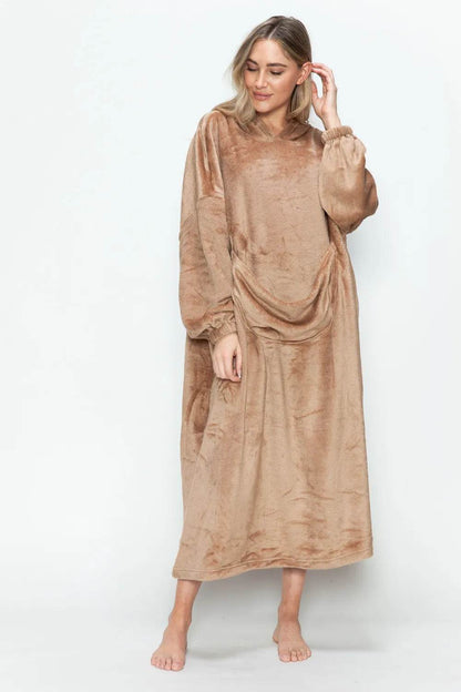 Double Take Full Size Pocketed Hooded Midi Lounge Dress - IntuitiveEncBoutique
