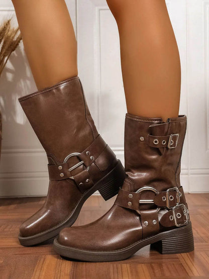 Round Toe Block Heels Boots - IntuitiveEncBoutique