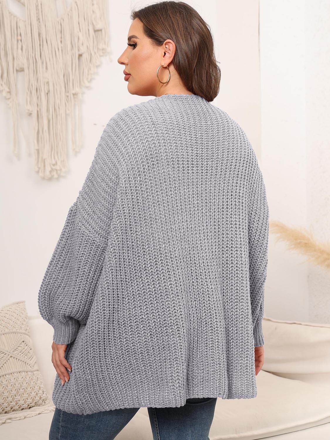Plus Size Open Front Dropped Shoulder Knit Cardigan - IntuitiveEncBoutique