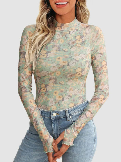 Floral Mock Neck Long Sleeve T-Shirt - IntuitiveEncBoutique
