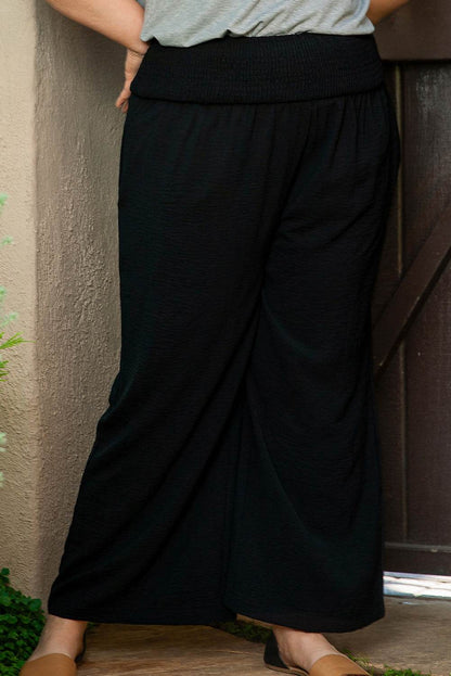Black Shirred High Waist Plus Size Wide Leg Pants - IntuitiveEncBoutique
