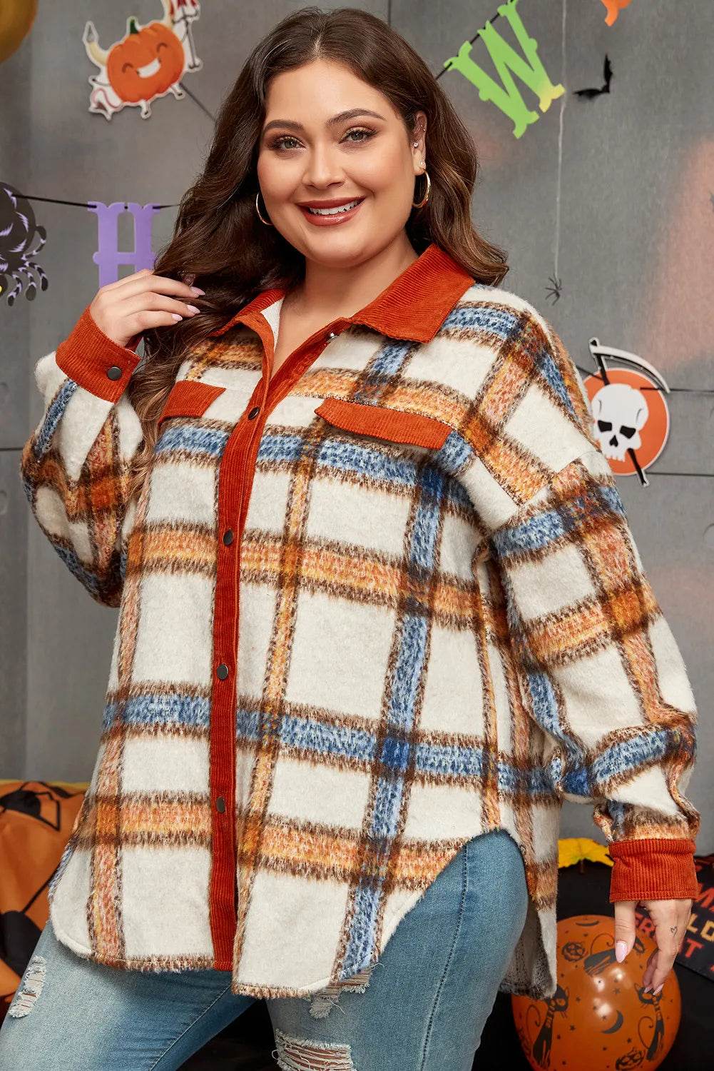 Plus Size Plaid Button Down Jacket - IntuitiveEncBoutique