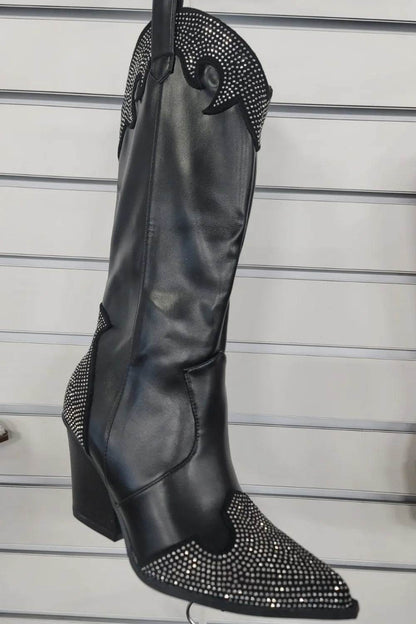 Weeboo Chunky Heel Rhinestone Decor Western Boots - IntuitiveEncBoutique