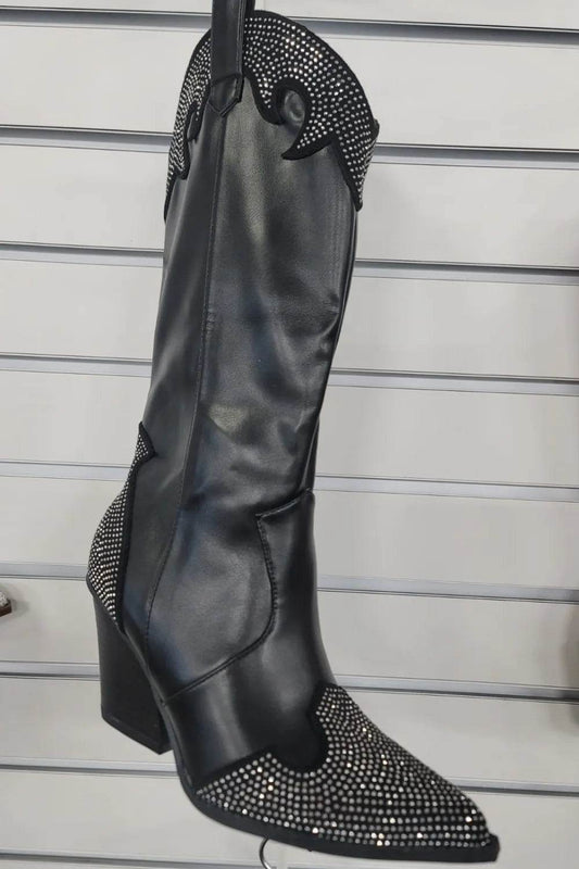 Weeboo Chunky Heel Rhinestone Decor Western Boots - IntuitiveEncBoutique