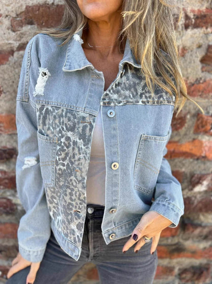Full Size Leopard Button Up Denim Jacket Plus Size - IntuitiveEncBoutique