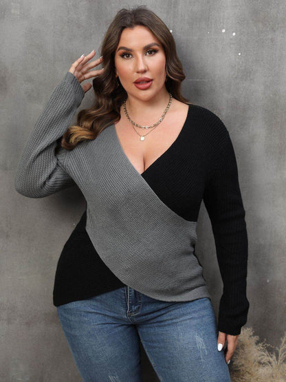 Plus Size Two-Tone Surplice Neck Sweater - IntuitiveEncBoutique