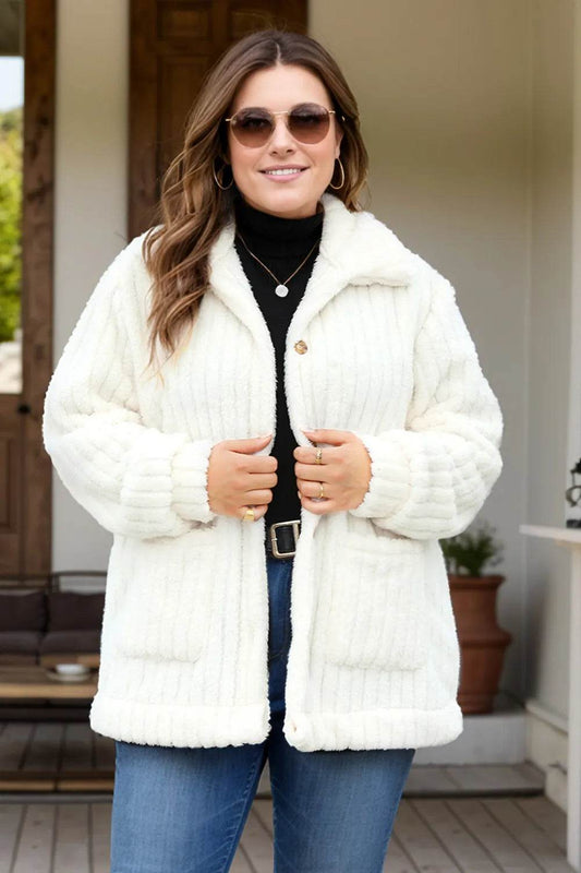 Plus Size Collared Neck Button Down Fuzzy Outerwear - IntuitiveEncBoutique