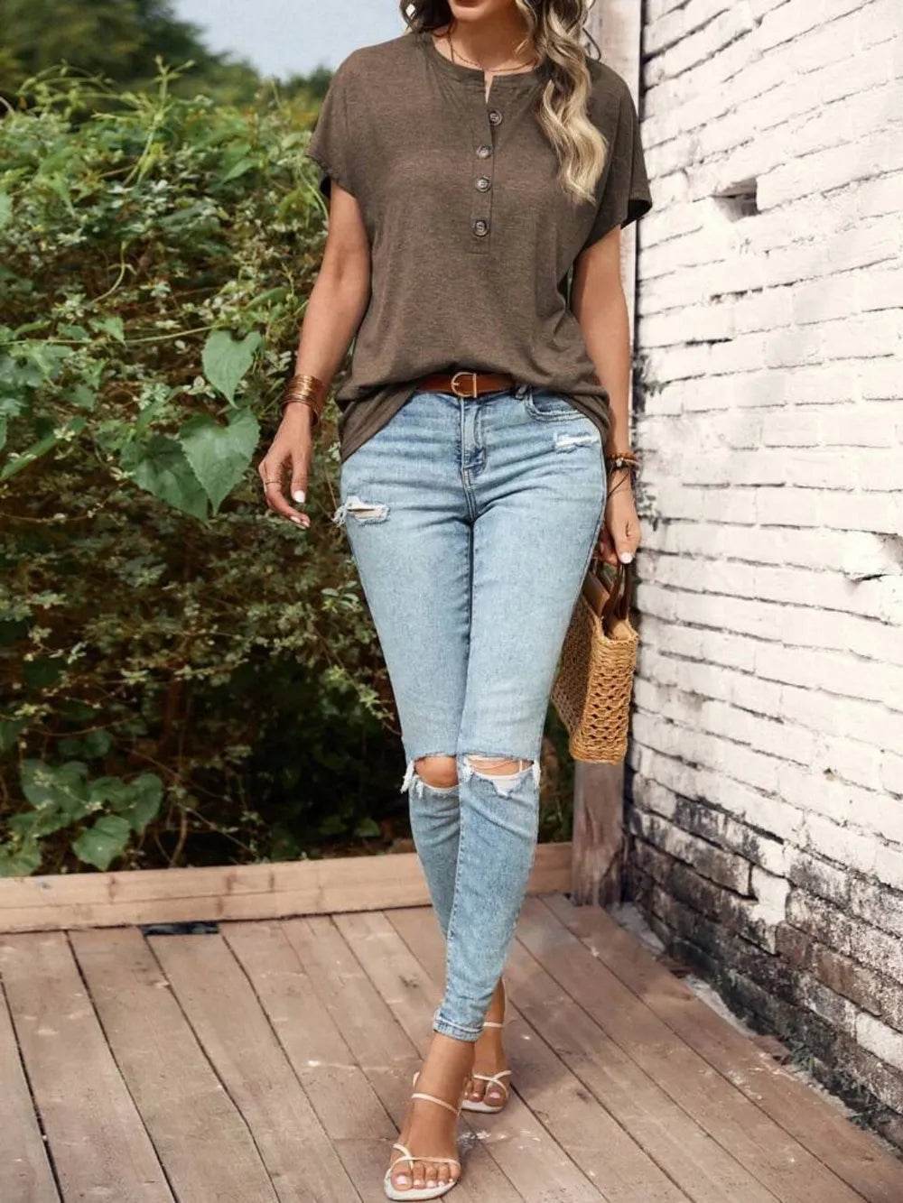 Half Button Short Sleeve Top - IntuitiveEncBoutique