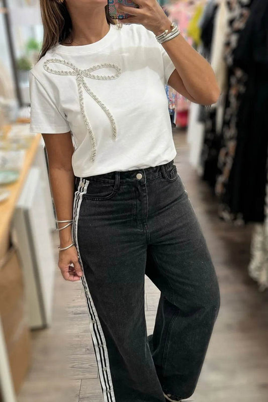 Rhinestone Bow Round Neck Short Sleeve T-Shirt - IntuitiveEncBoutique