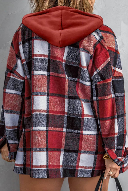 Plus Size Plaid Button Up Hooded Jacket - IntuitiveEncBoutique