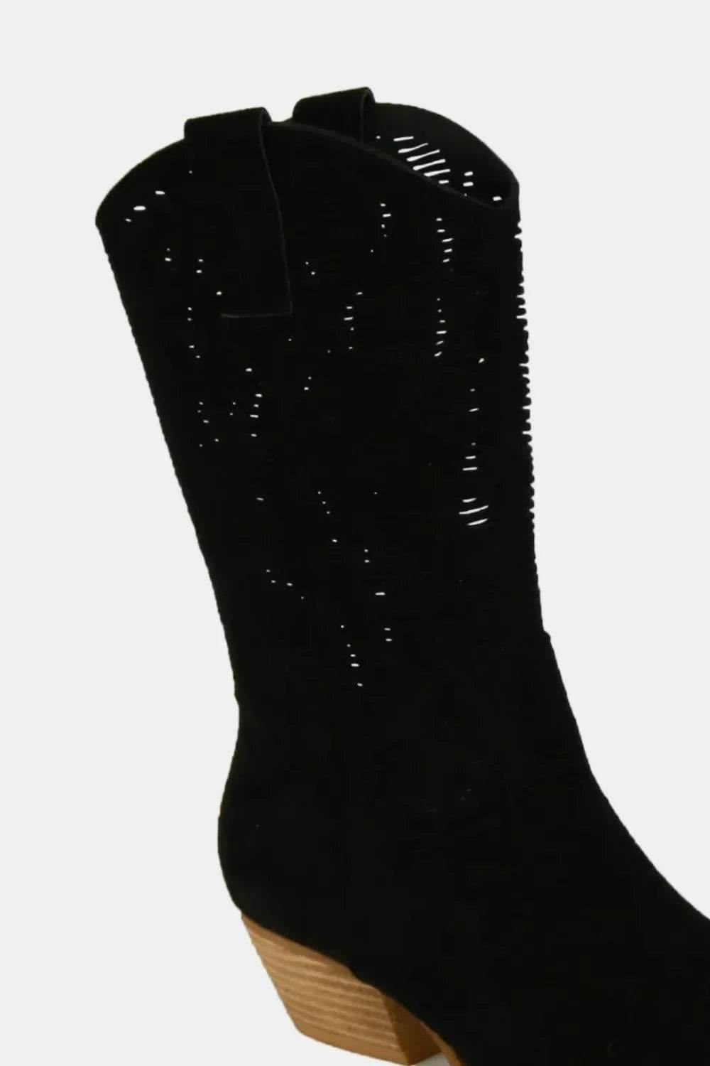 Beast Fashion Faux Suede Laser Cut Detail Block Heel Boots - IntuitiveEncBoutique