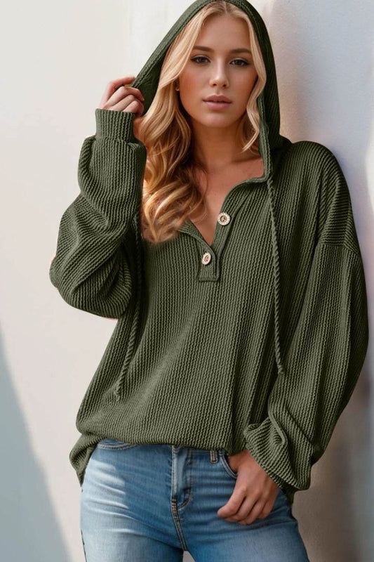 Double Take Full Size Half Button Long Sleeve Hoodie - IntuitiveEncBoutique