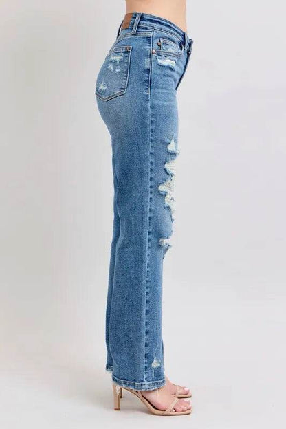 Judy Blue Full Size High Waist Heavy Destroy Straight Jeans Plus Size - IntuitiveEncBoutique