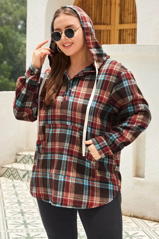 Plus Size Drawstring Plaid Quarter Button Hoodie - IntuitiveEncBoutique