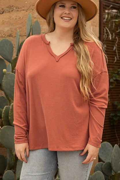 Plus Size Notched Long Sleeve T-Shirt - IntuitiveEncBoutique