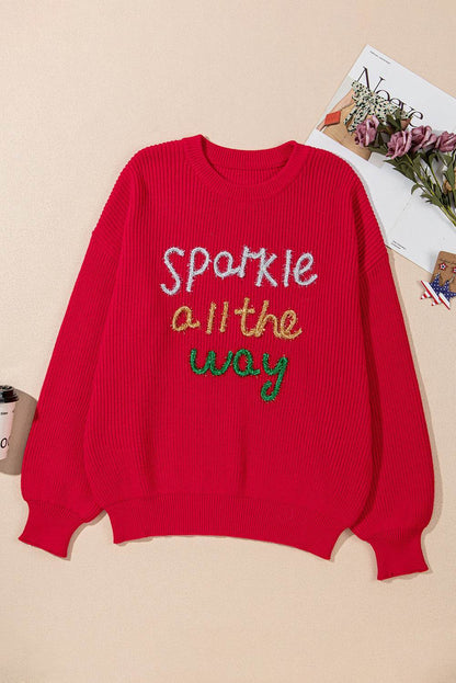 Racing Red Sparkle All The Way Tinsel Crew Neck Plus Size Sweater - IntuitiveEncBoutique