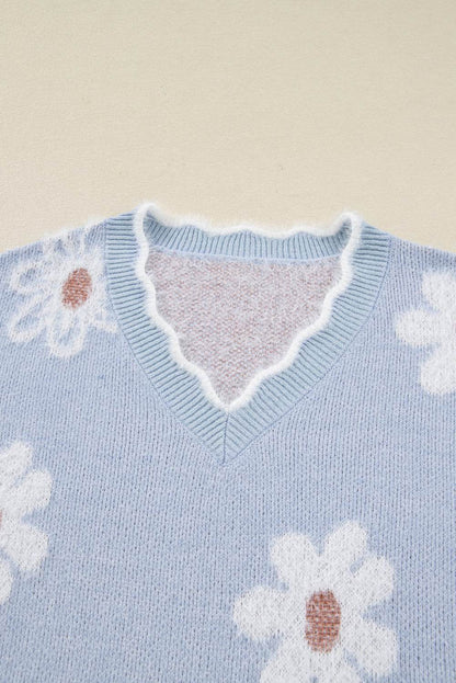 Gray Fuzzy Flower Scalloped V Neck Plus Sweater - IntuitiveEncBoutique