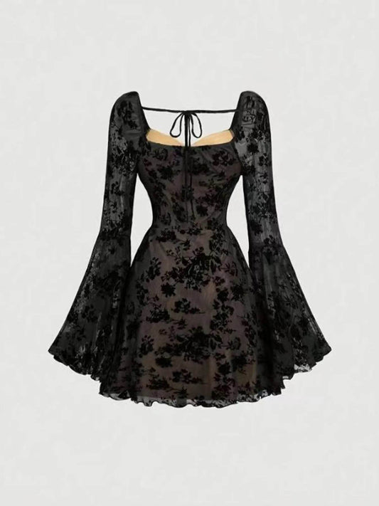 Lace Flare Sleeve Mini Dress - IntuitiveEncBoutique