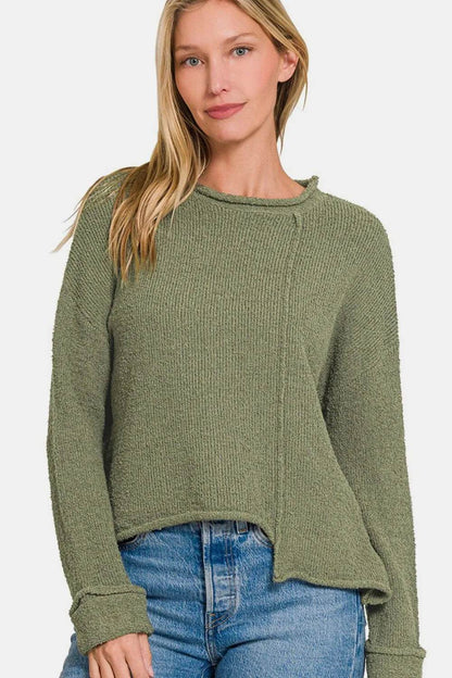 Zenana Asymmetric Hem Drop Shoulder Sweater - IntuitiveEncBoutique