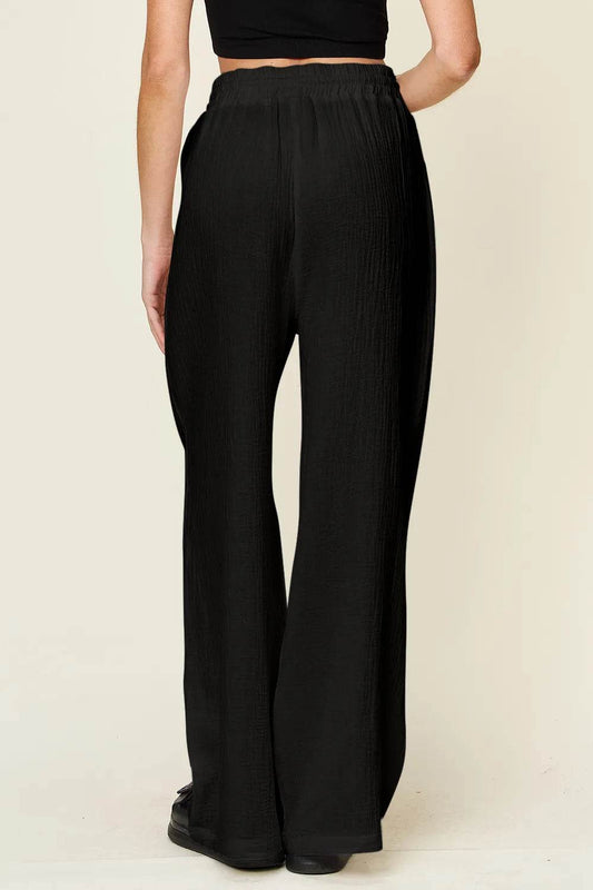 Double Take Full Size Texture Drawstring Wide Leg Pants - IntuitiveEncBoutique