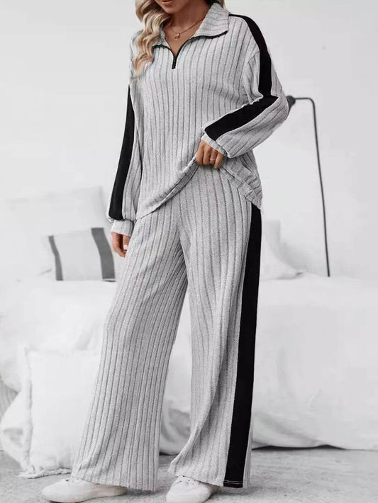 Plus Size Half Zip Long Sleeve Top and Pants Set - IntuitiveEncBoutique