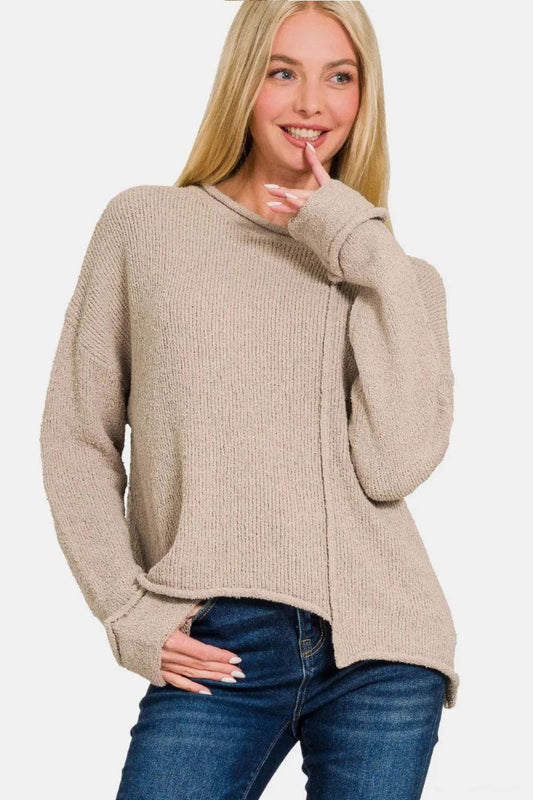 Zenana Asymmetric Hem Drop Shoulder Sweater - IntuitiveEncBoutique