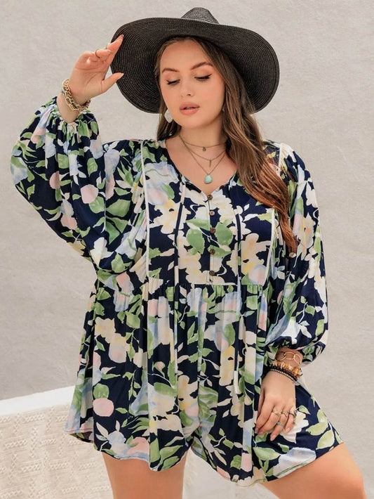 Plus Size Tied Printed Long Sleeve Romper - IntuitiveEncBoutique