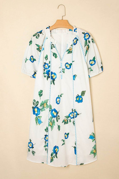 White Plus Size Floral Short Puff Sleeve Contrast Tie V Neck Dress - IntuitiveEncBoutique