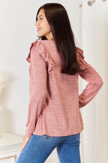 Double Take Square Neck Ruffle Shoulder Long Sleeve T-Shirt - IntuitiveEncBoutique