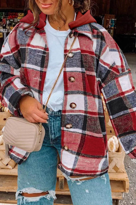 Plus Size Plaid Button Up Hooded Jacket - IntuitiveEncBoutique